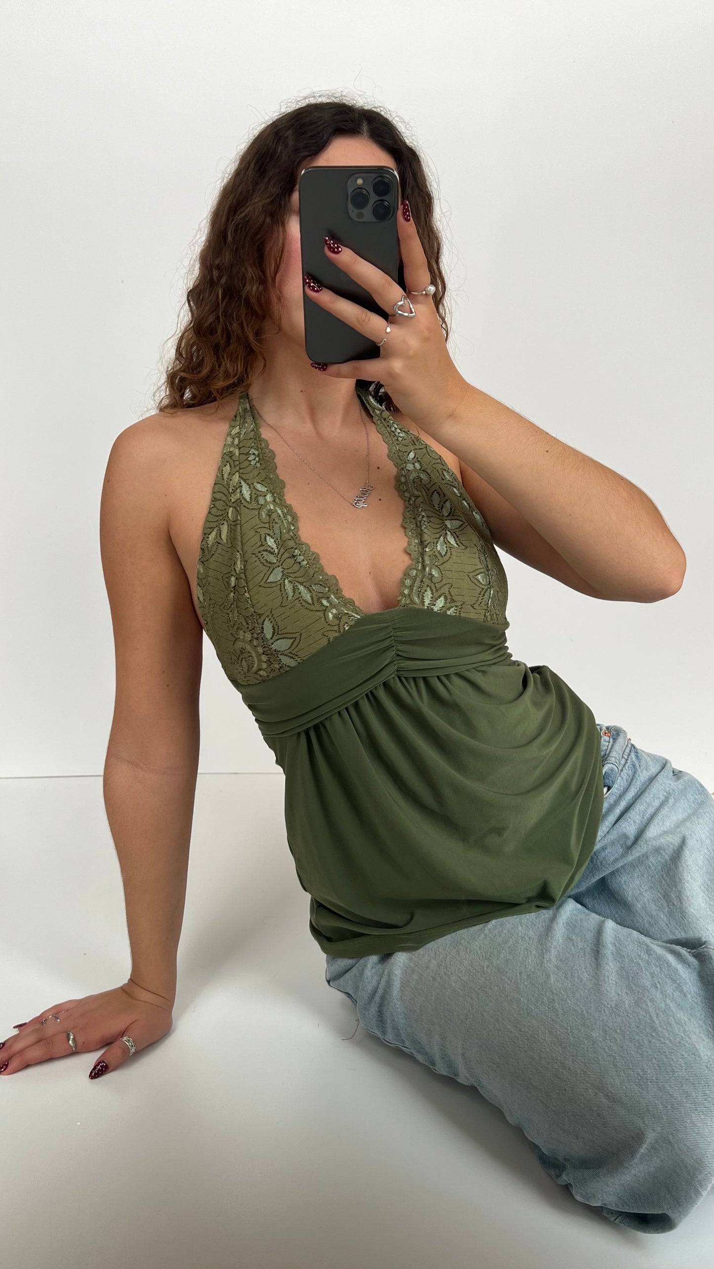 00s green lace halter cami- size S