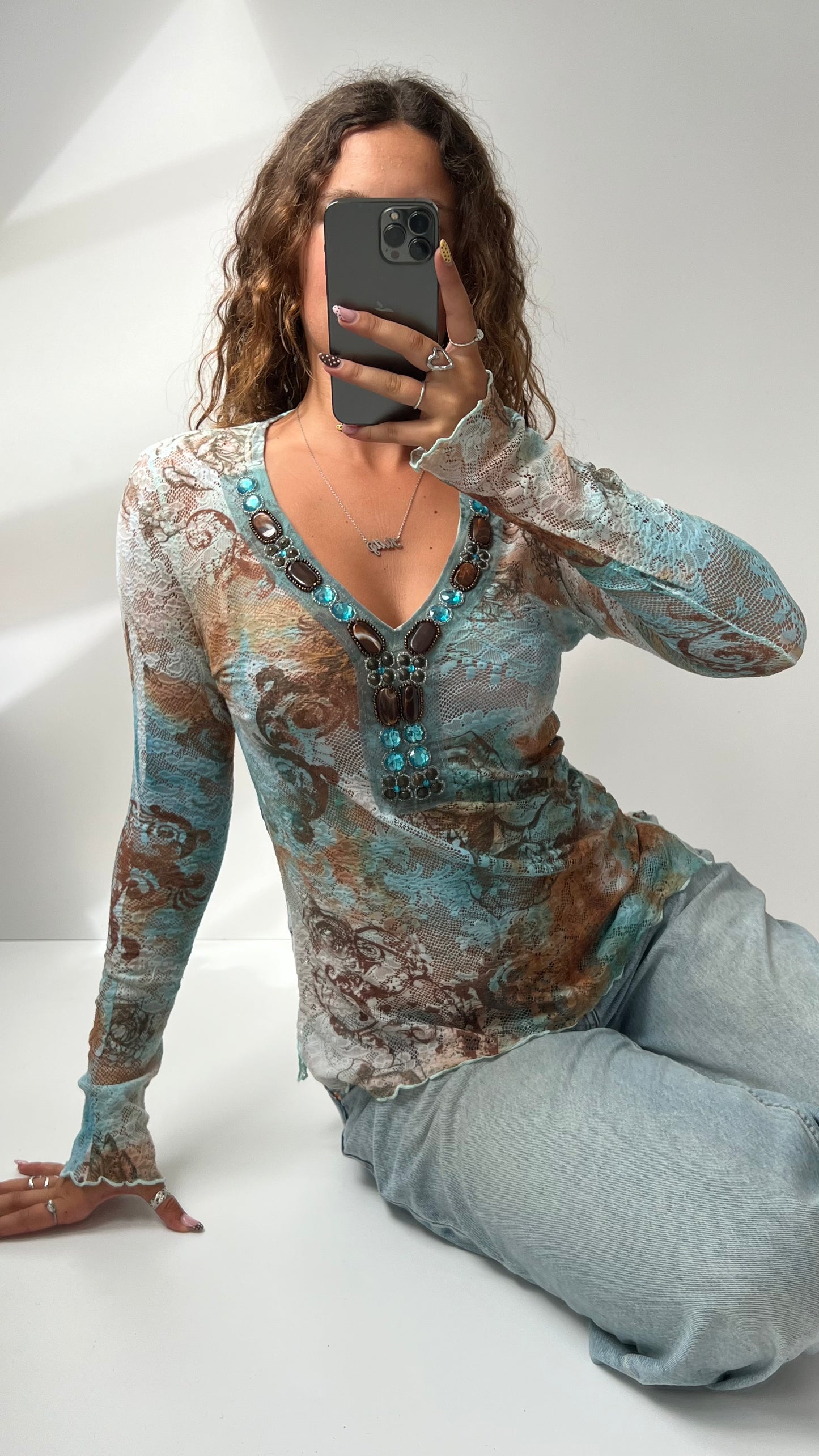 00s blue brown lace long sleeve top- size M