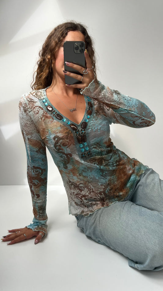 00s blue brown lace long sleeve top- size M