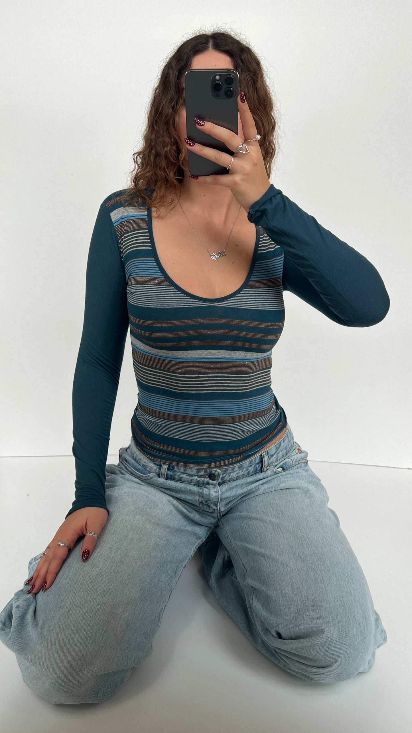 00s blue striped long sleeve top- size S