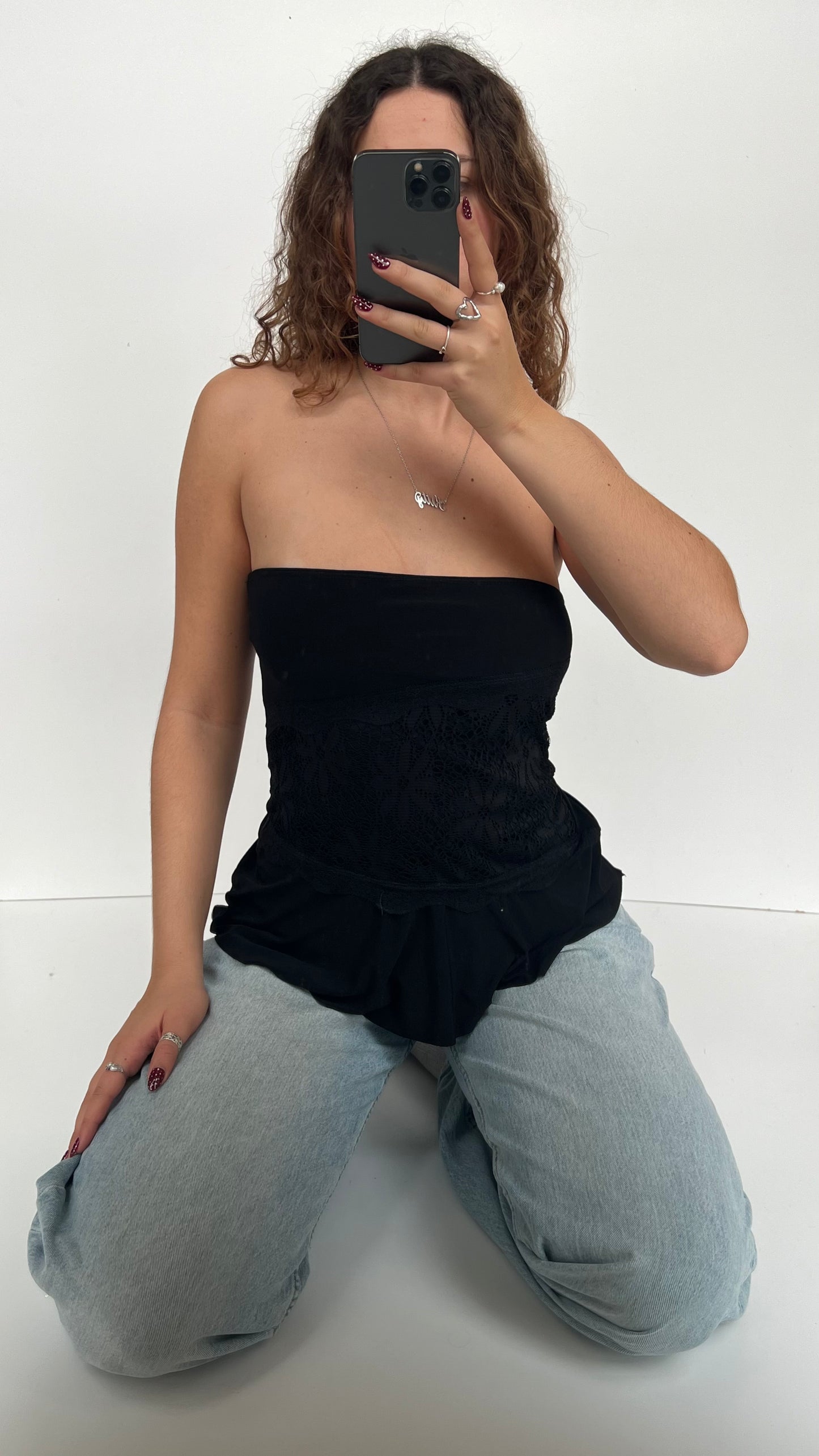 00s black strapless lace top- size M