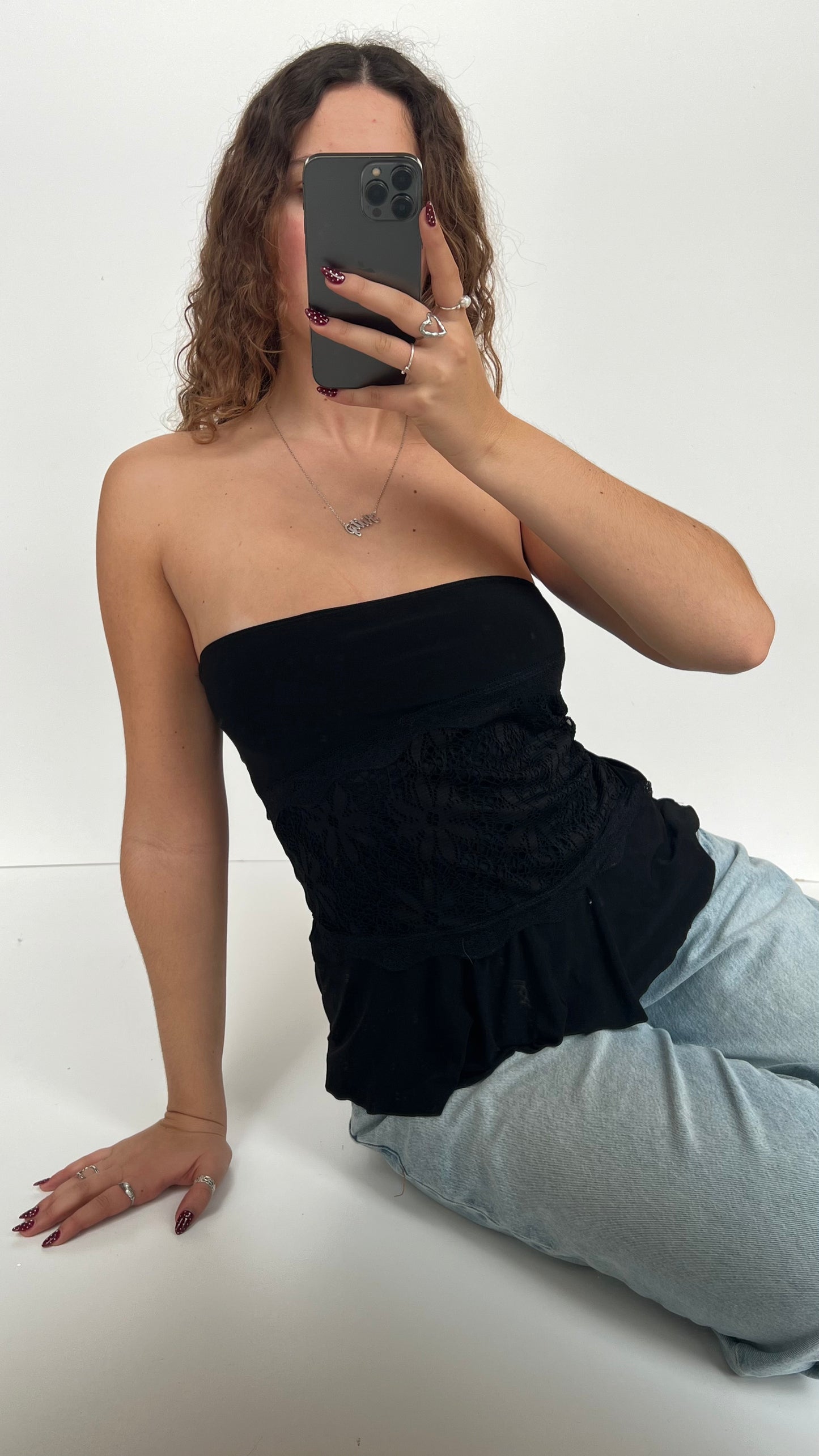 00s black strapless lace top- size M