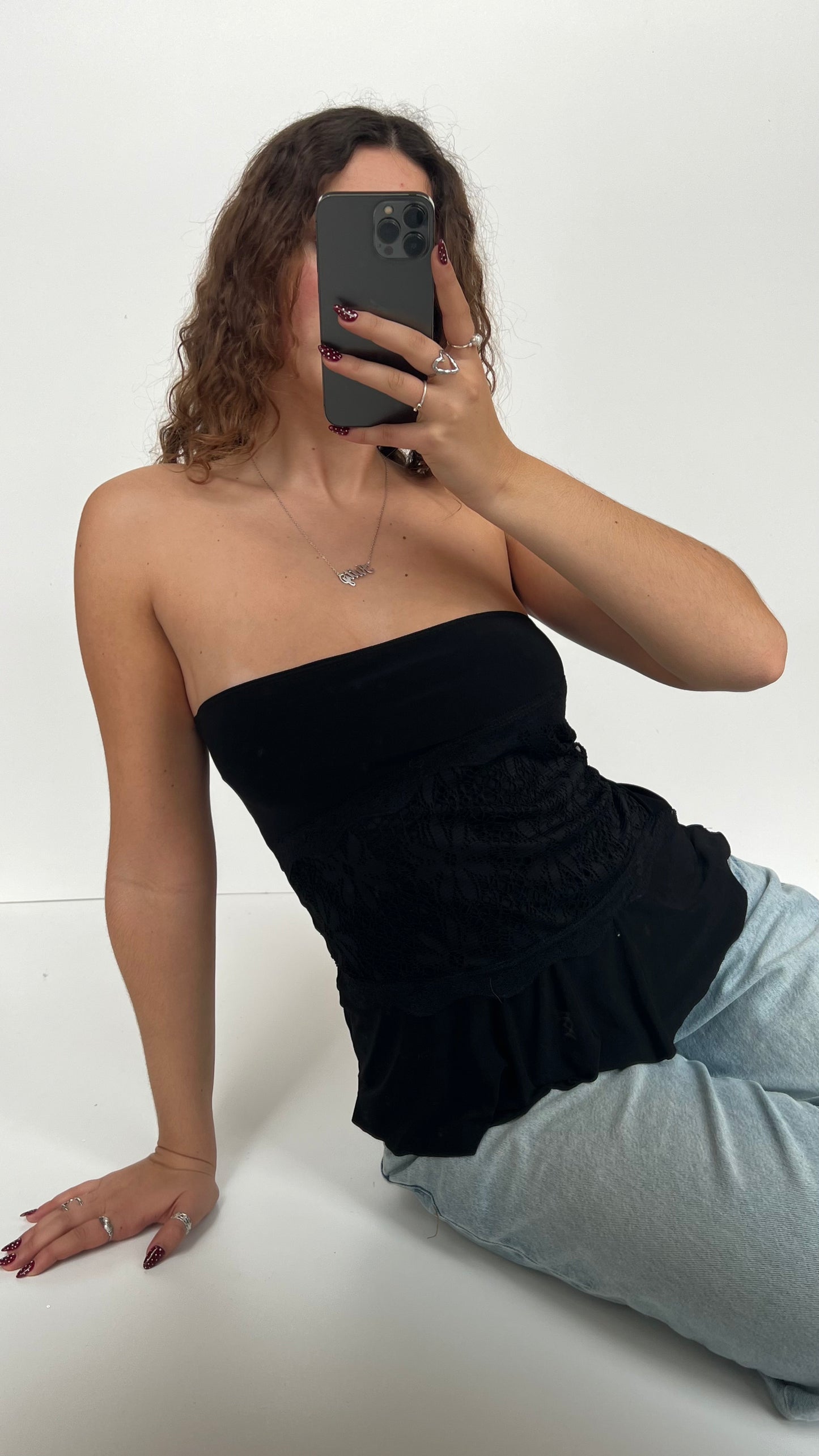 00s black strapless lace top- size M