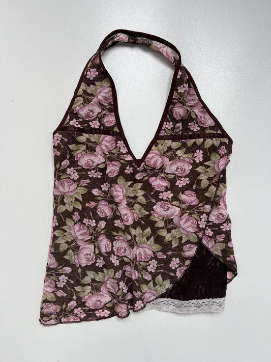 00s pink brown floral halter cami- size XS