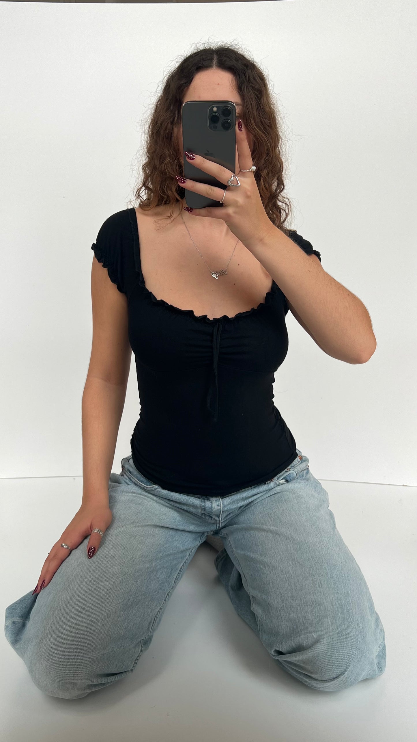 00s black milkmaid top- size S