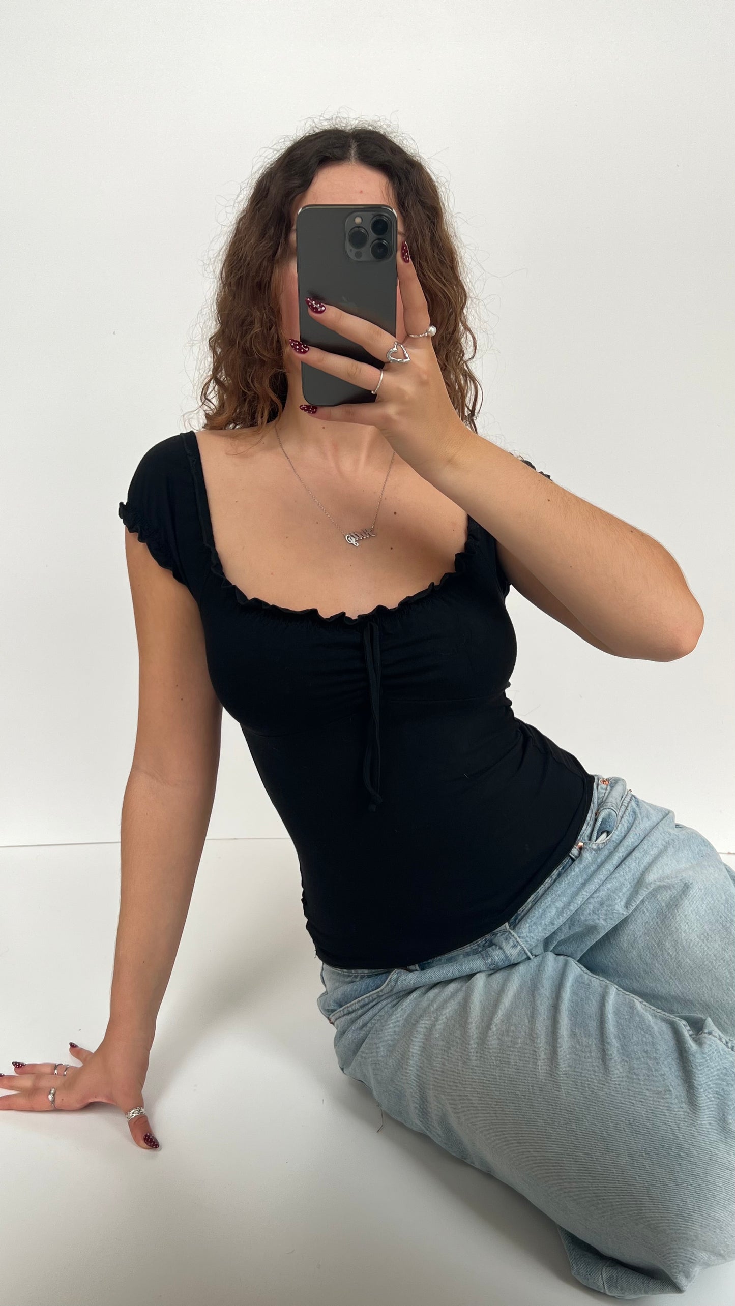 00s black milkmaid top- size S