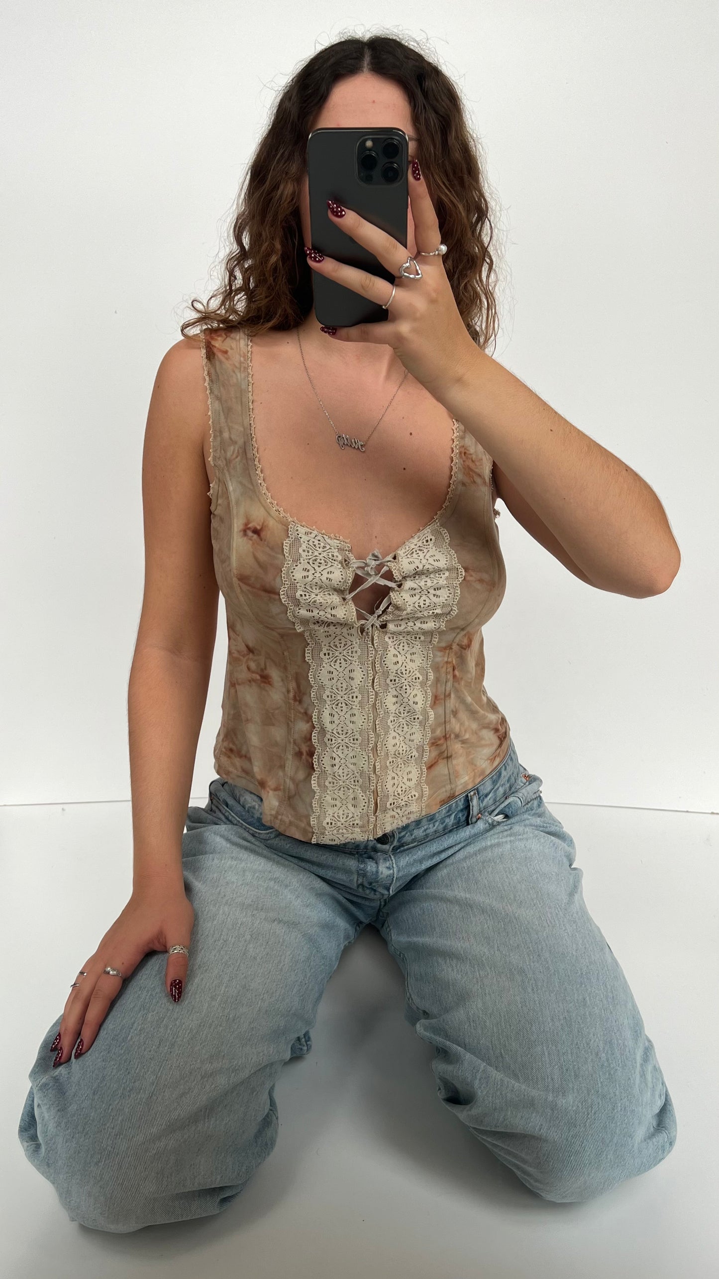 00s beige lace tank top- size S