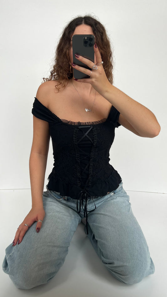 00s black lace milkmaid top- size S