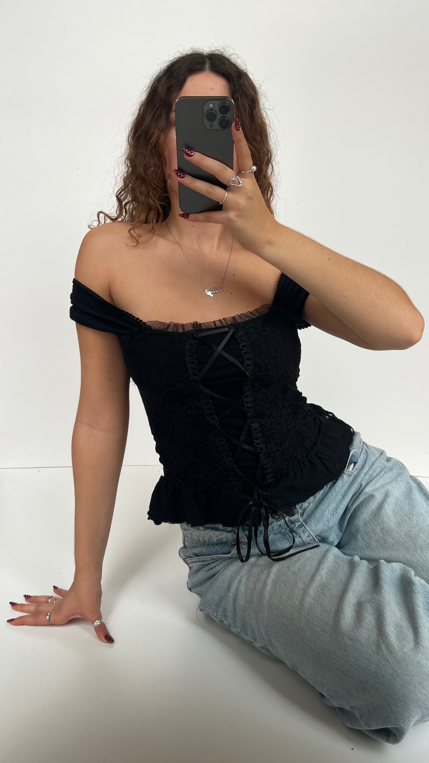 00s black lace milkmaid top- size S