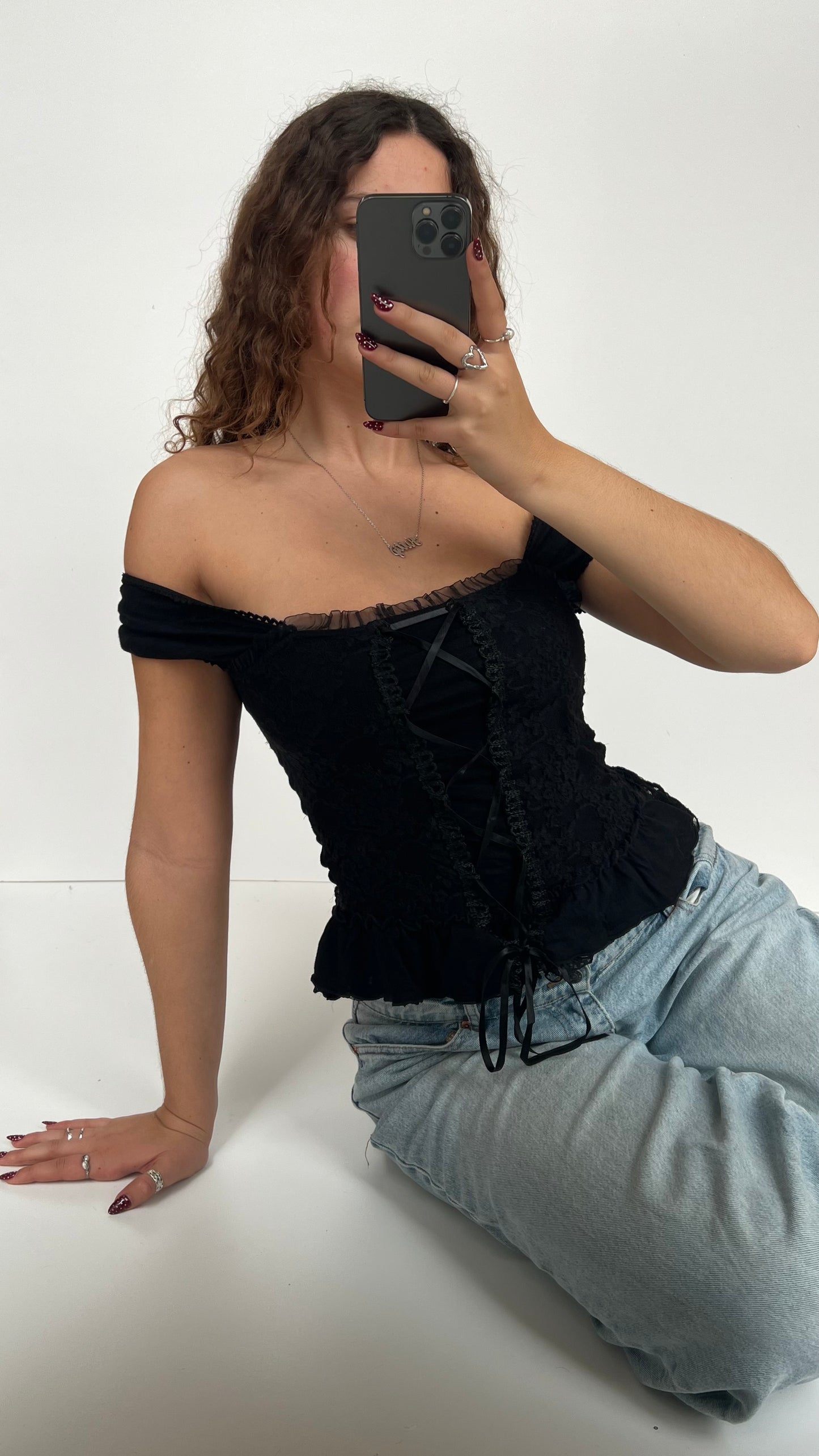00s black lace milkmaid top- size S