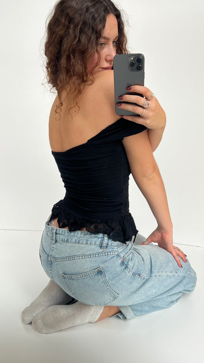 00s black lace milkmaid top- size S