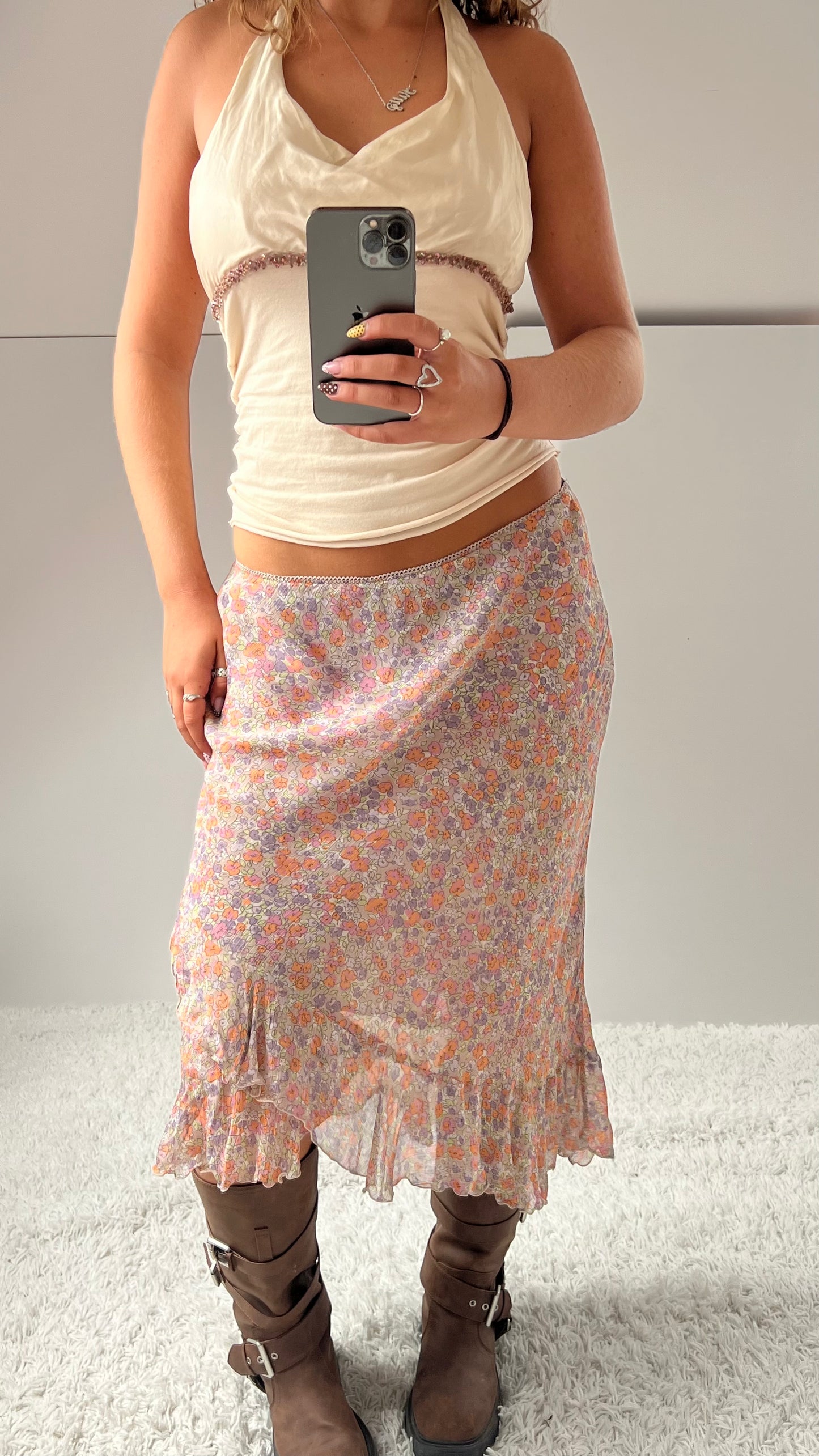 00s mesh floral midi skirt- size M