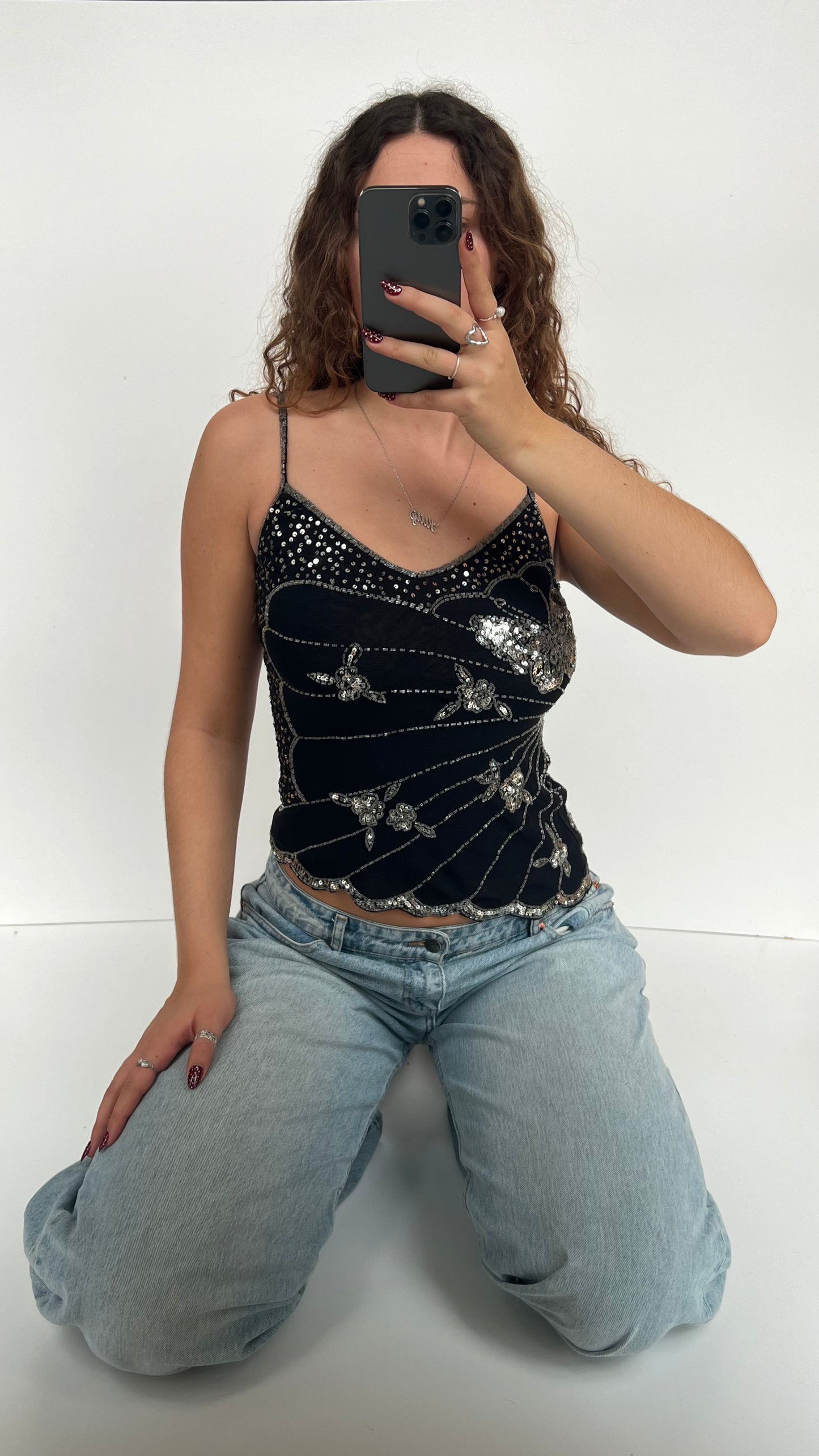 00s black sequin butterfly cami- size S