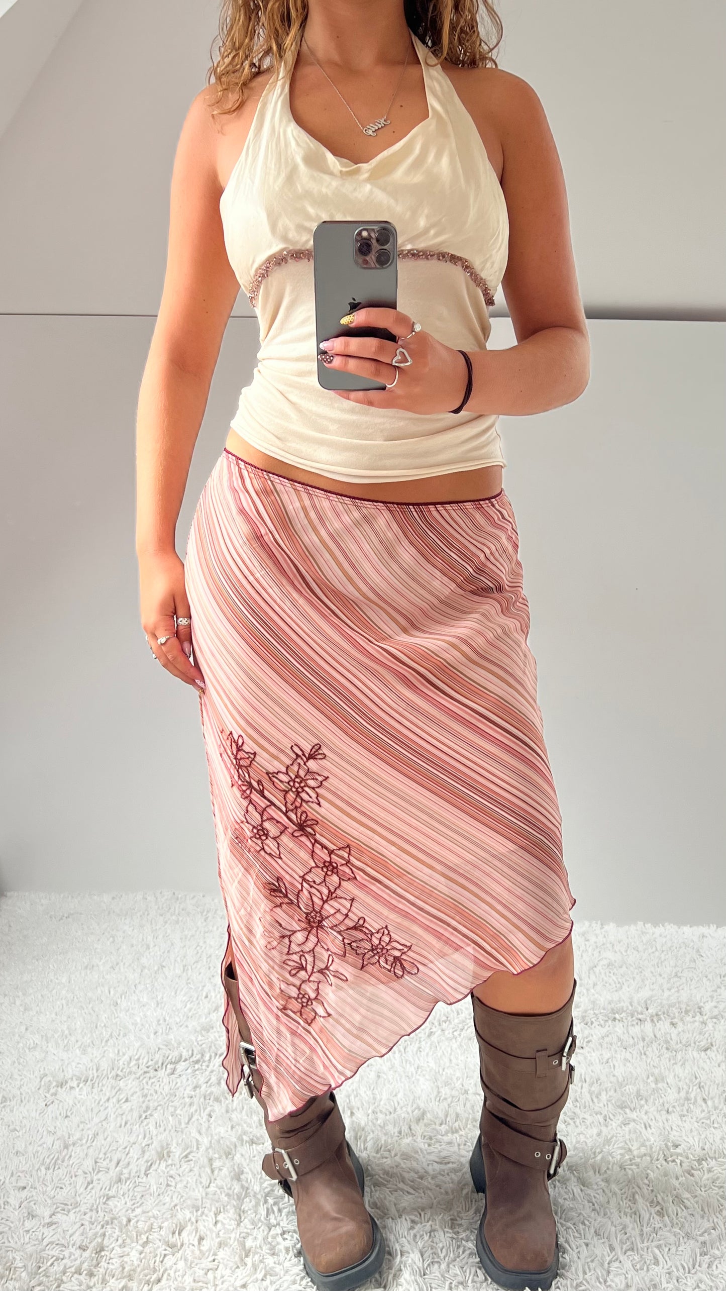 00s pink striped mesh midi skirt- size M