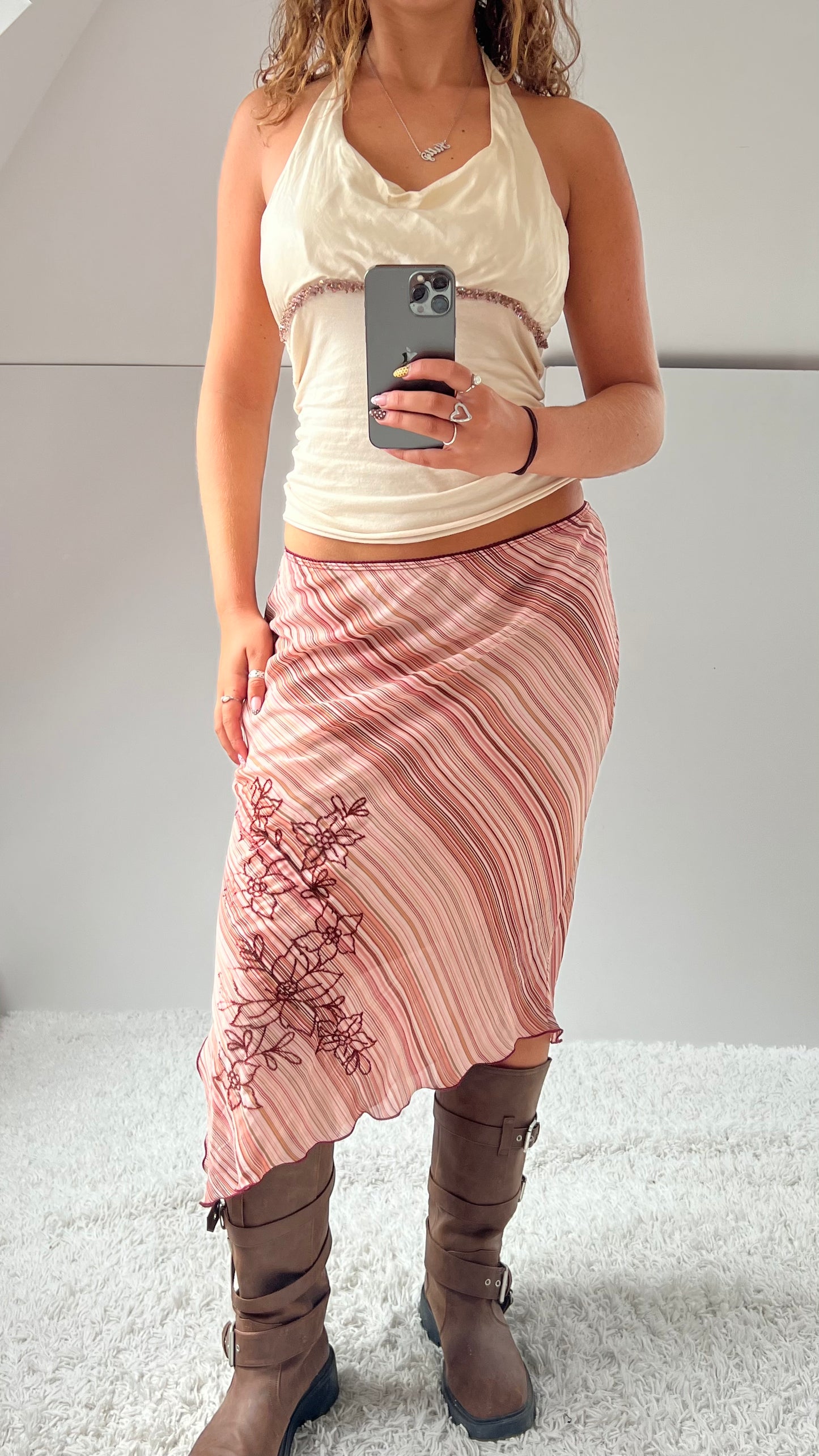 00s pink striped mesh midi skirt- size M