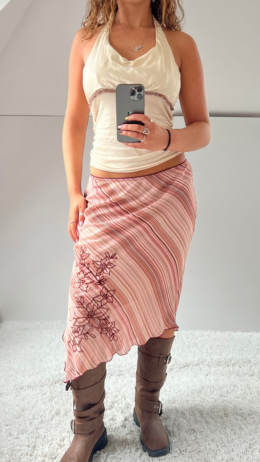 00s pink striped mesh midi skirt- size M