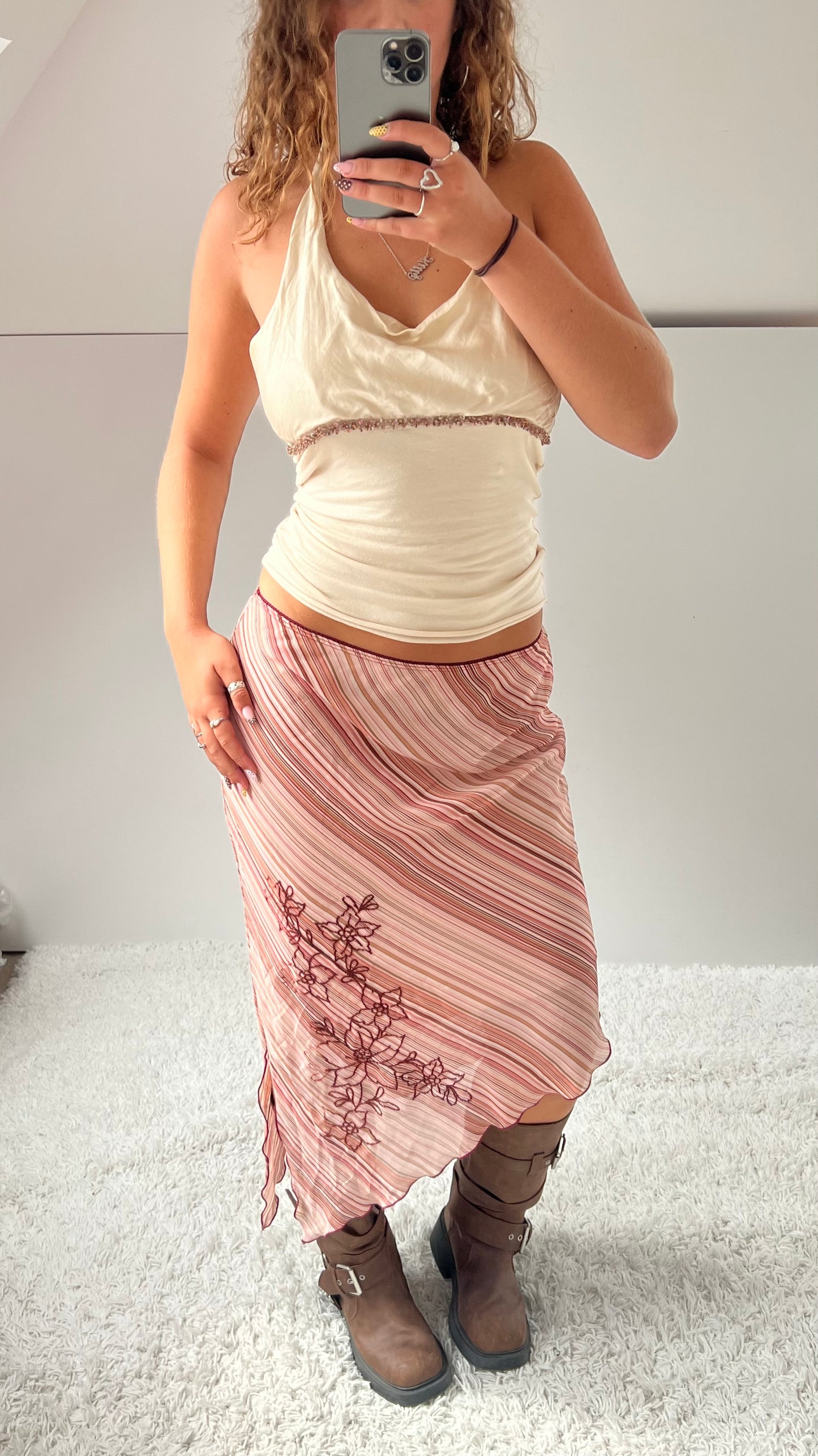 00s pink striped mesh midi skirt- size M