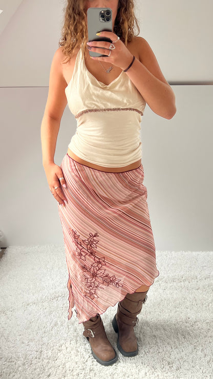 00s pink striped mesh midi skirt- size M