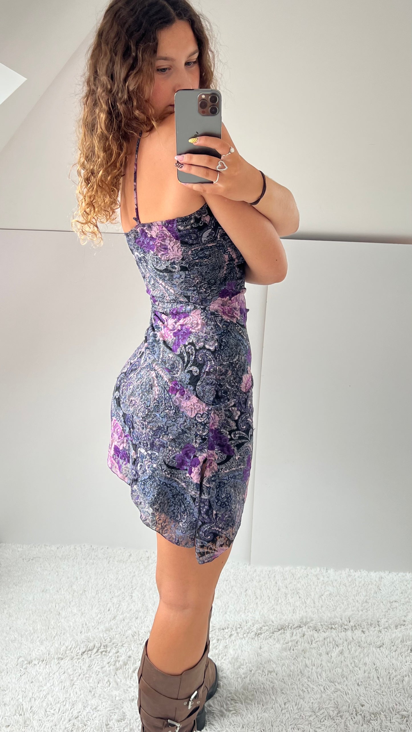 00s purple lace paisley mini dress- size XS