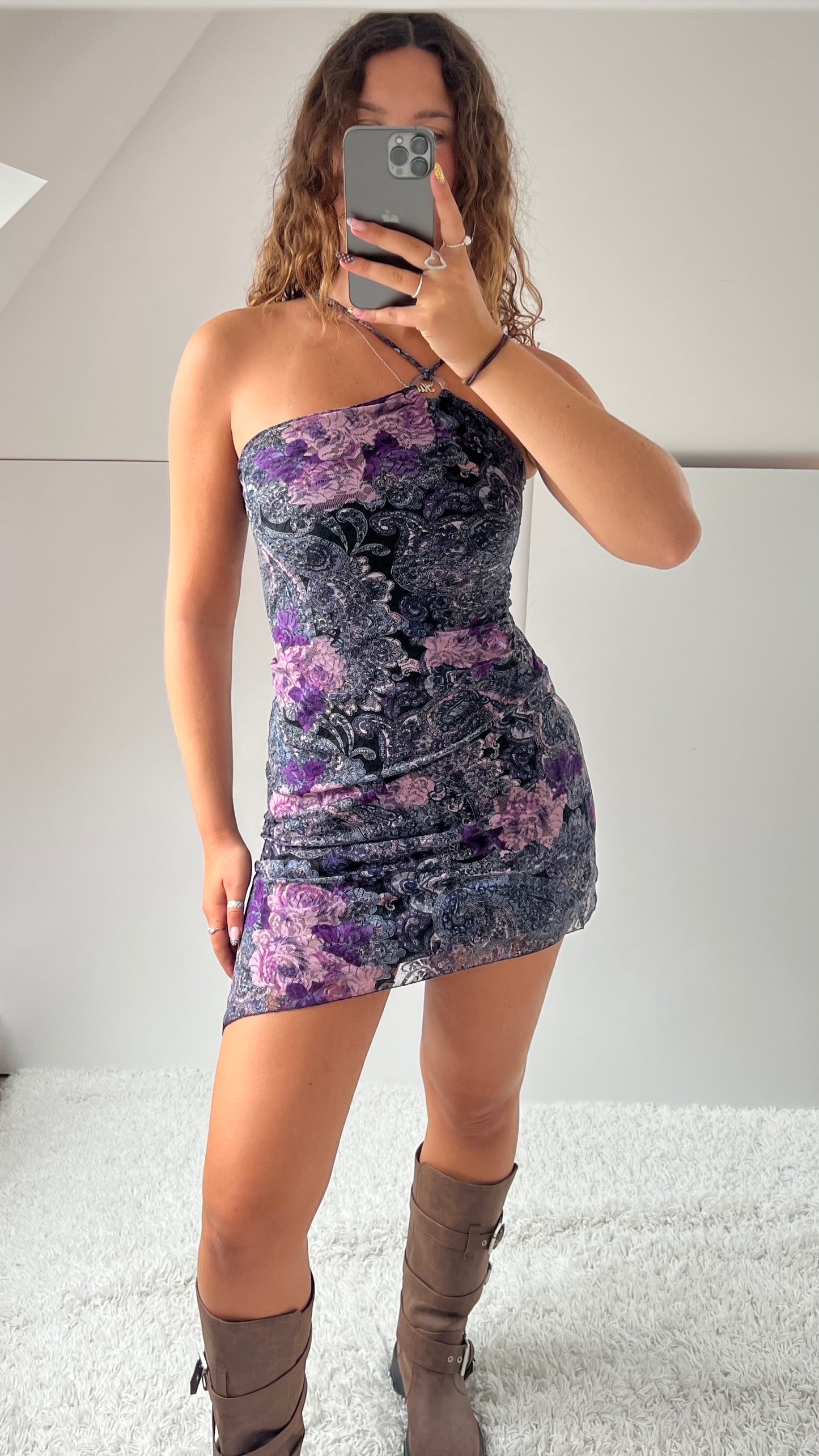 00s purple lace paisley mini dress- size XS