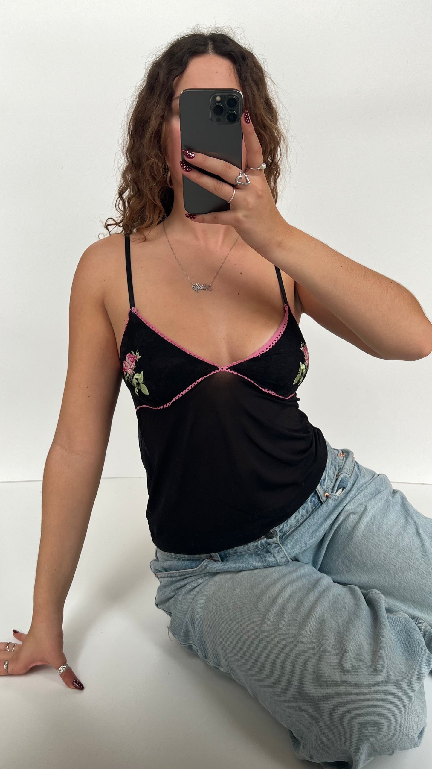 00s black pink lace cami- size M