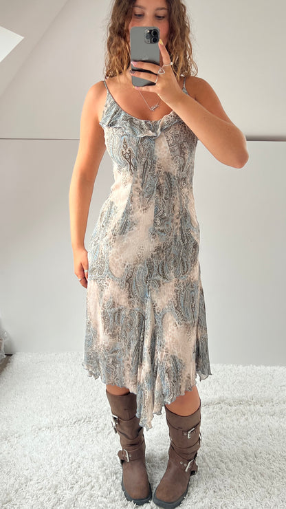 00s beige blue mesh midi dress- size S
