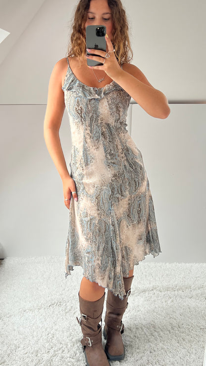 00s beige blue mesh midi dress- size S