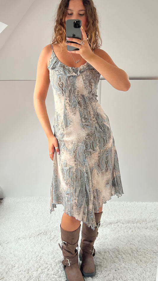00s beige blue mesh midi dress- size S