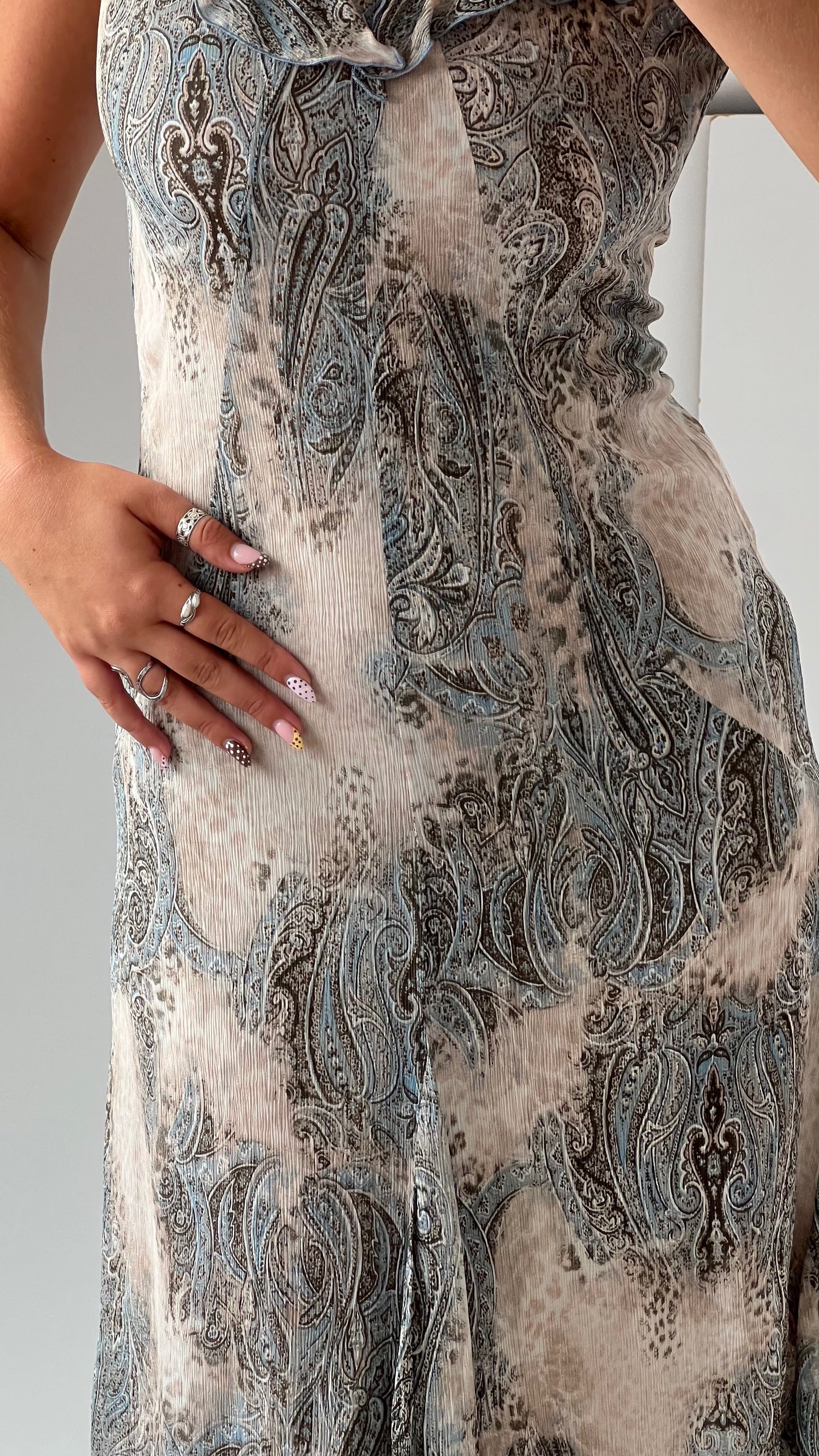 00s beige blue mesh midi dress- size S