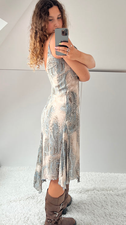 00s beige blue mesh midi dress- size S