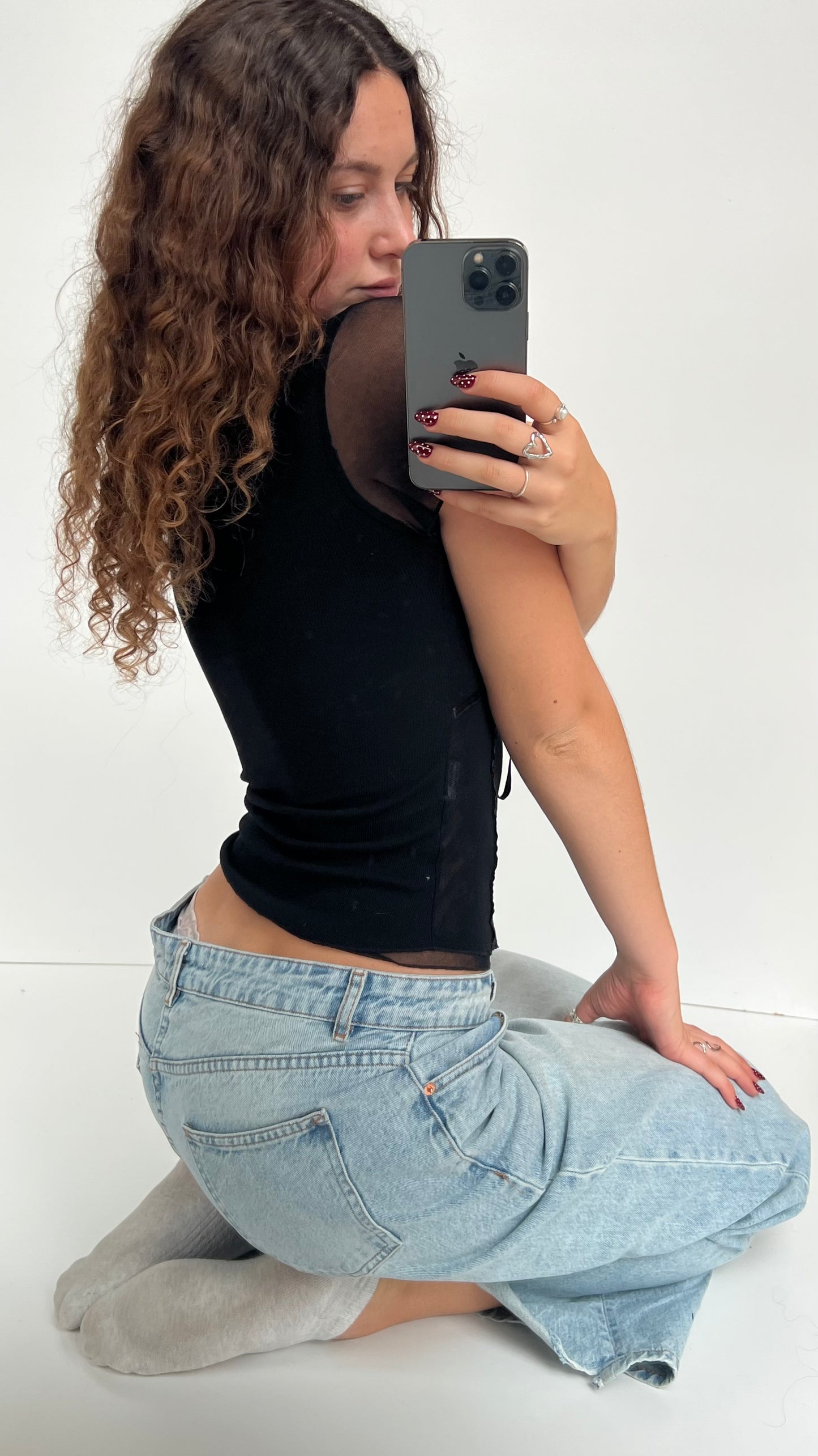 00s black mesh babydoll top- size S