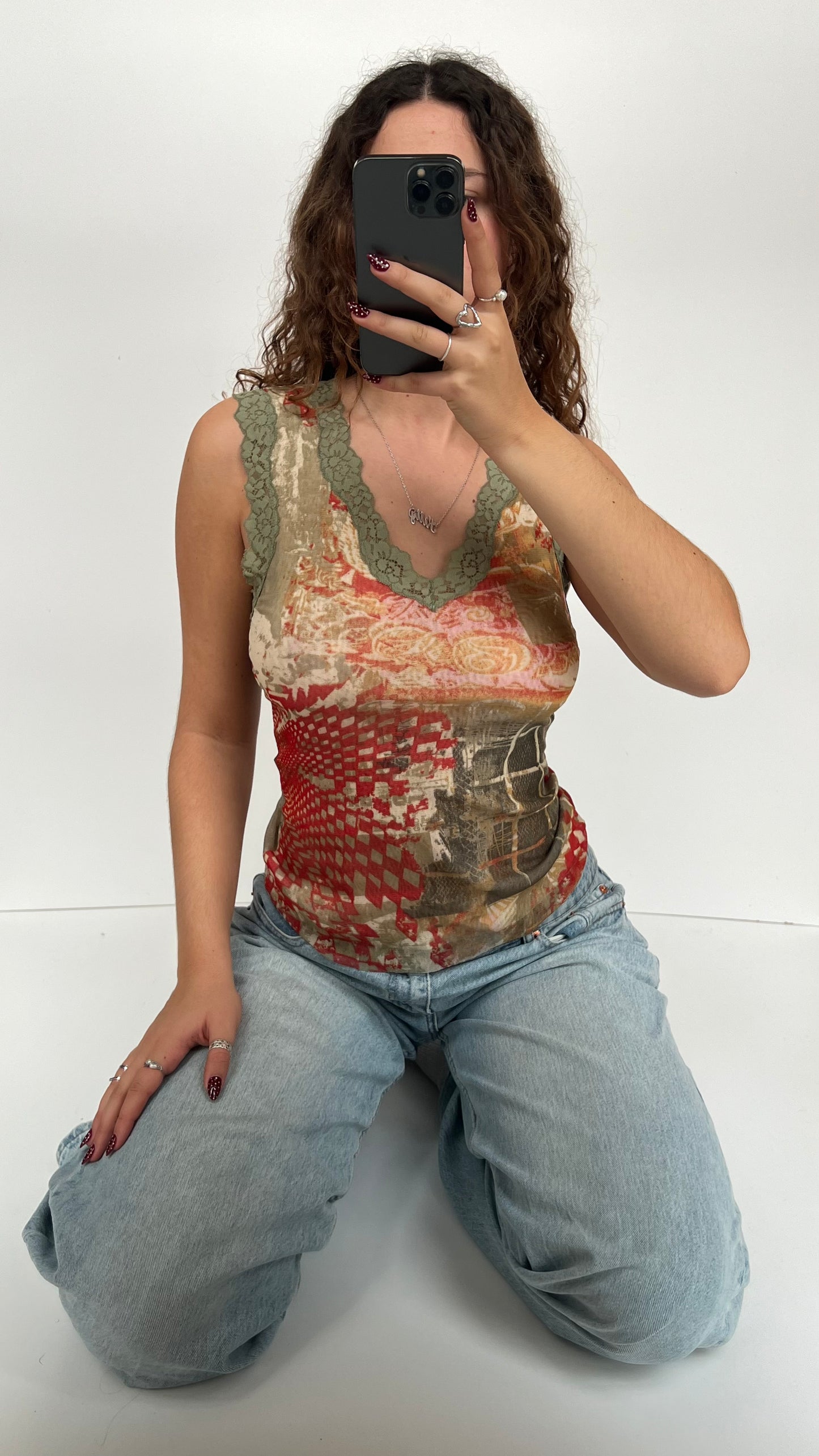 00s green orange mesh tank top- size M