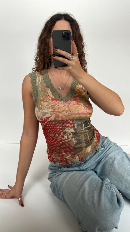 00s green orange mesh tank top- size M