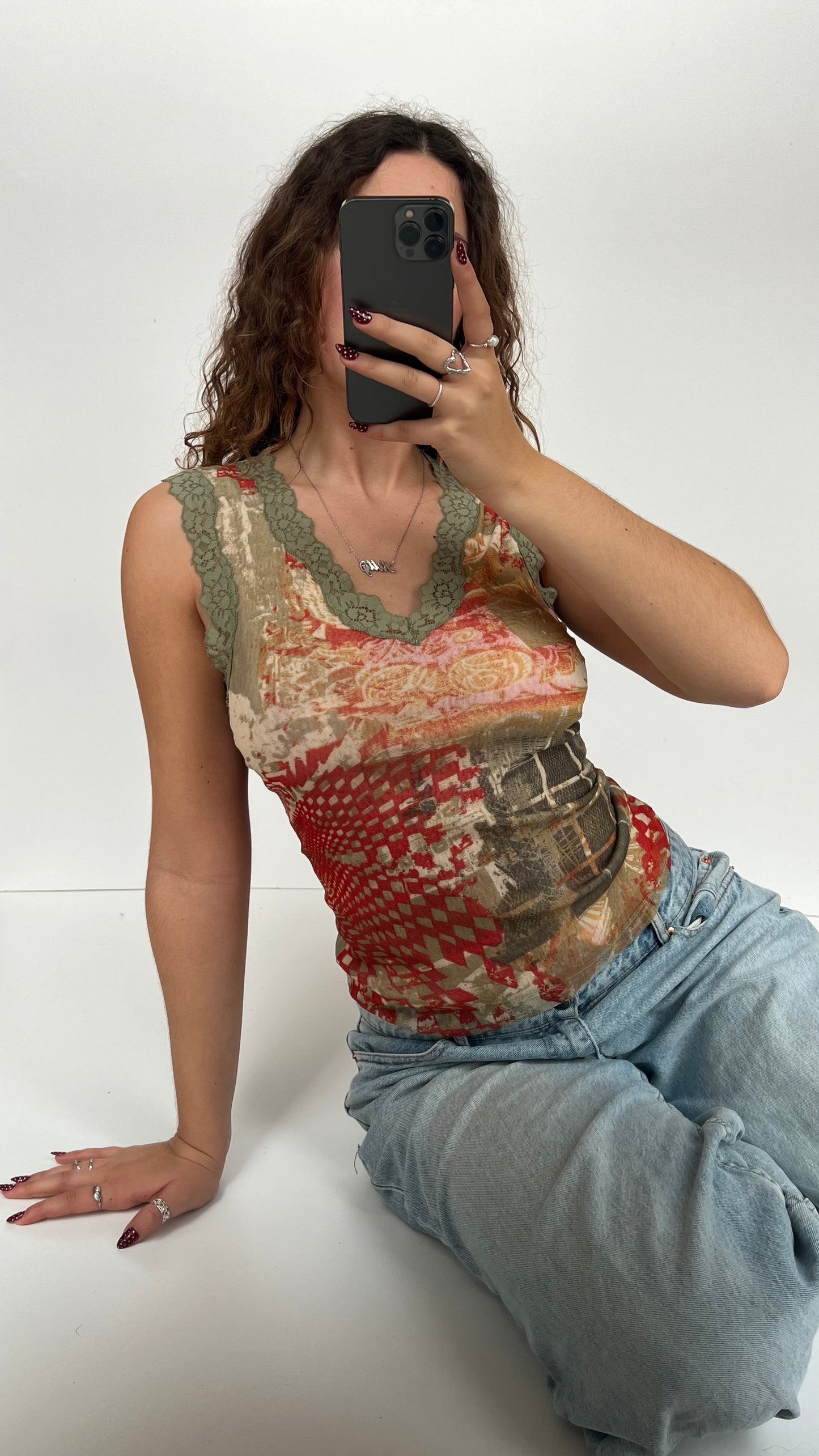 00s green orange mesh tank top- size M