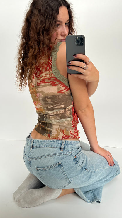 00s green orange mesh tank top- size M