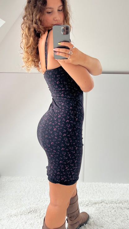 00s black pink floral mesh mini dress- size S