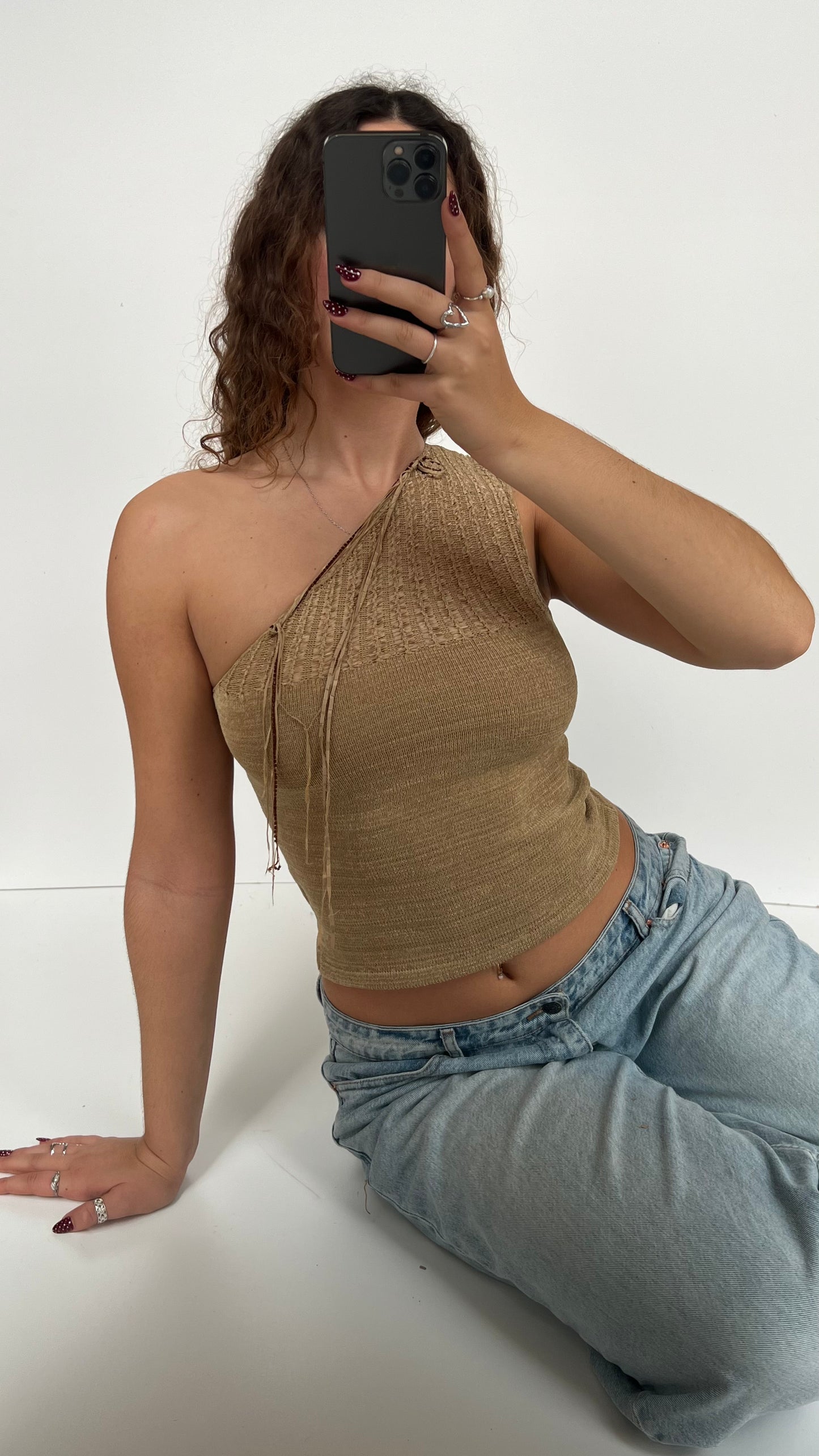 00s brown knit one shoulder top- size M