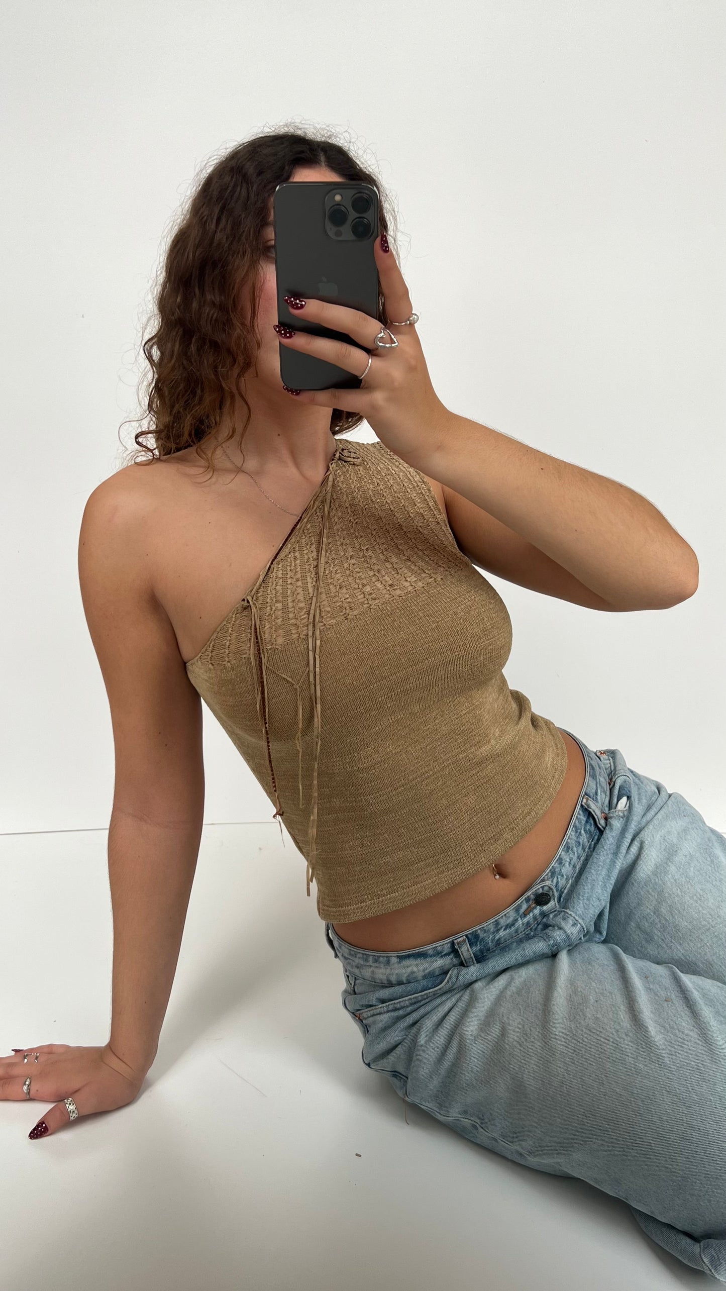 00s brown knit one shoulder top- size M