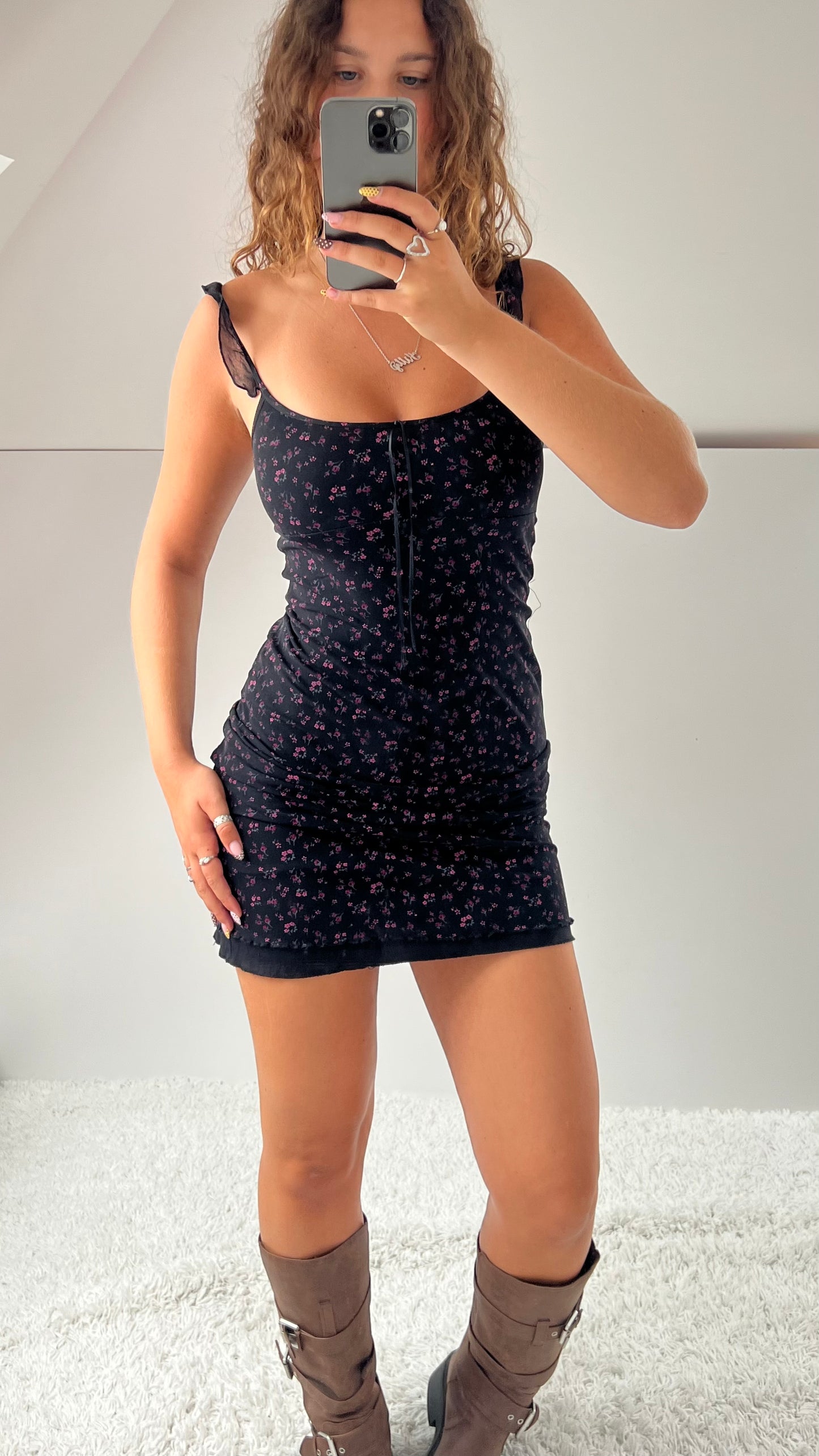 00s black pink floral mesh mini dress- size S