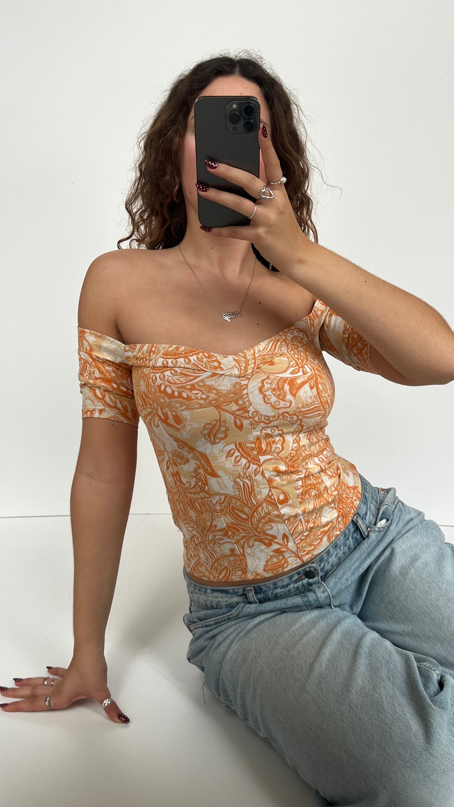 00s orange off the shoulder top- size S