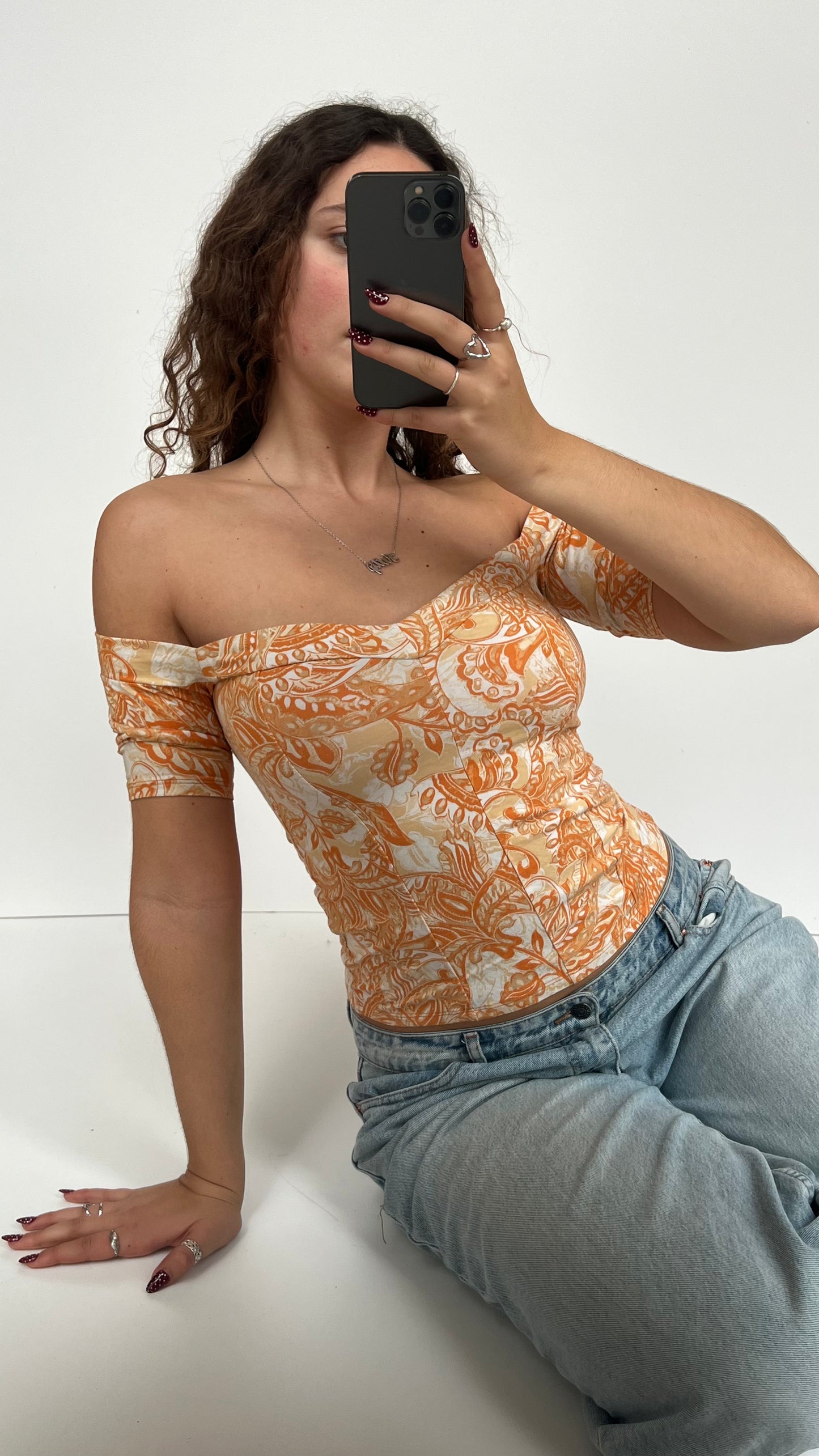 00s orange off the shoulder top- size S