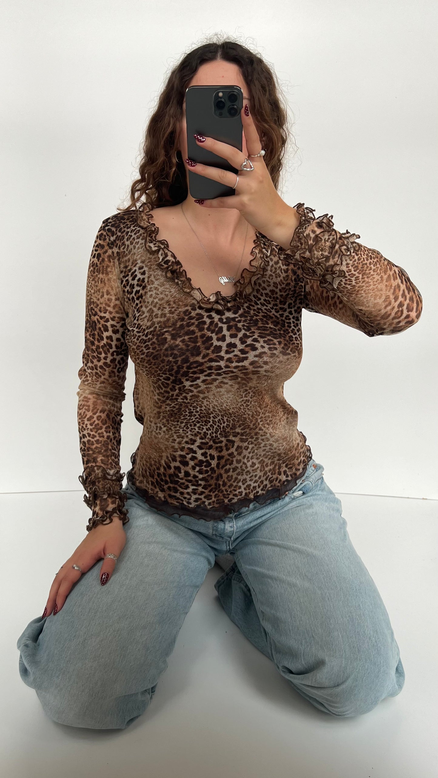 00s leopard print mesh long sleeve top- size L