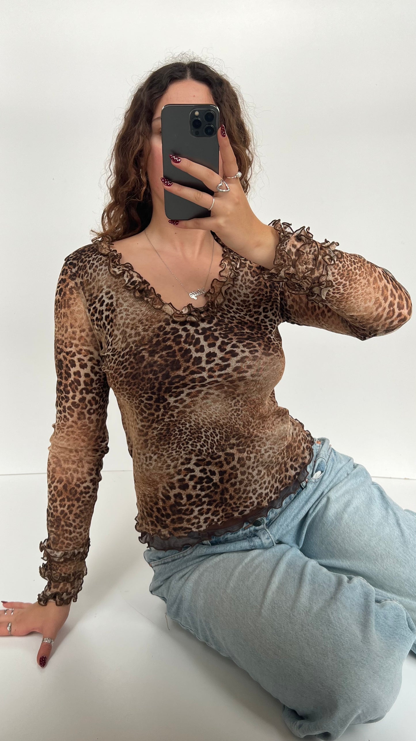 00s leopard print mesh long sleeve top- size L