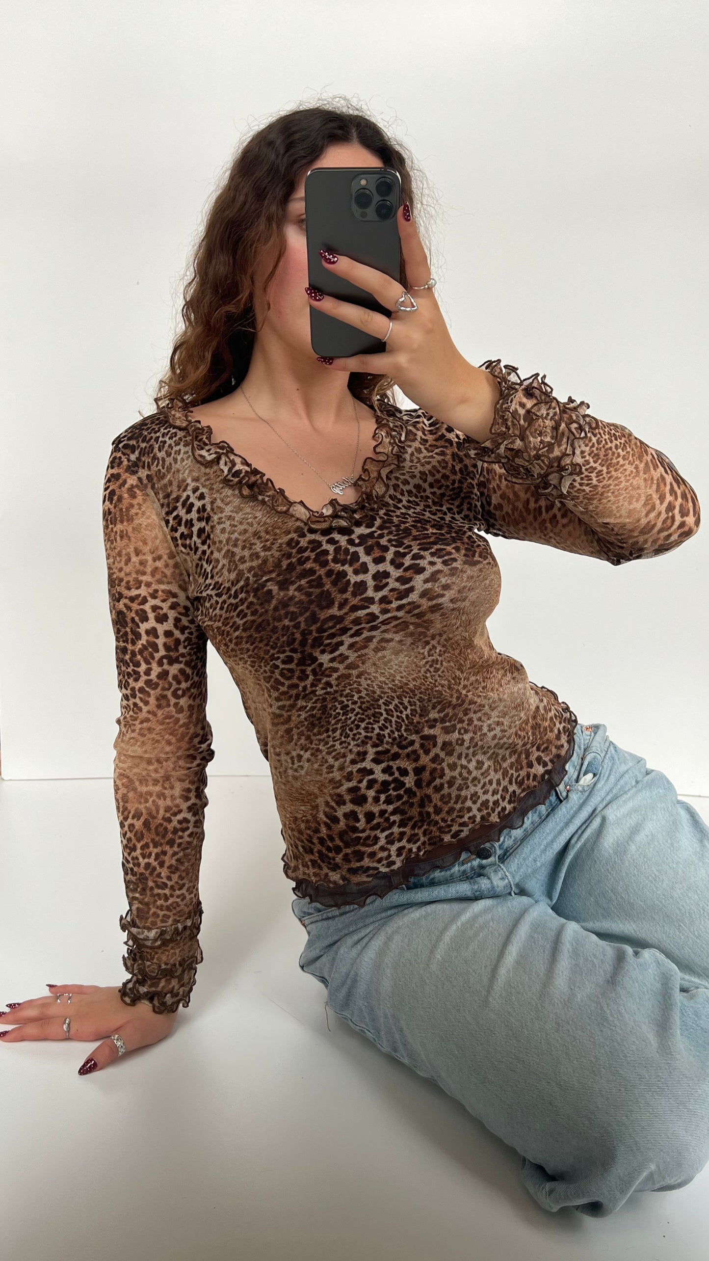 00s leopard print mesh long sleeve top- size L