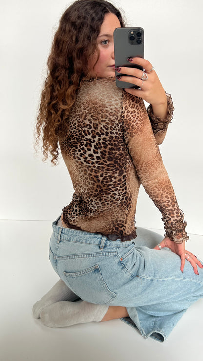 00s leopard print mesh long sleeve top- size L