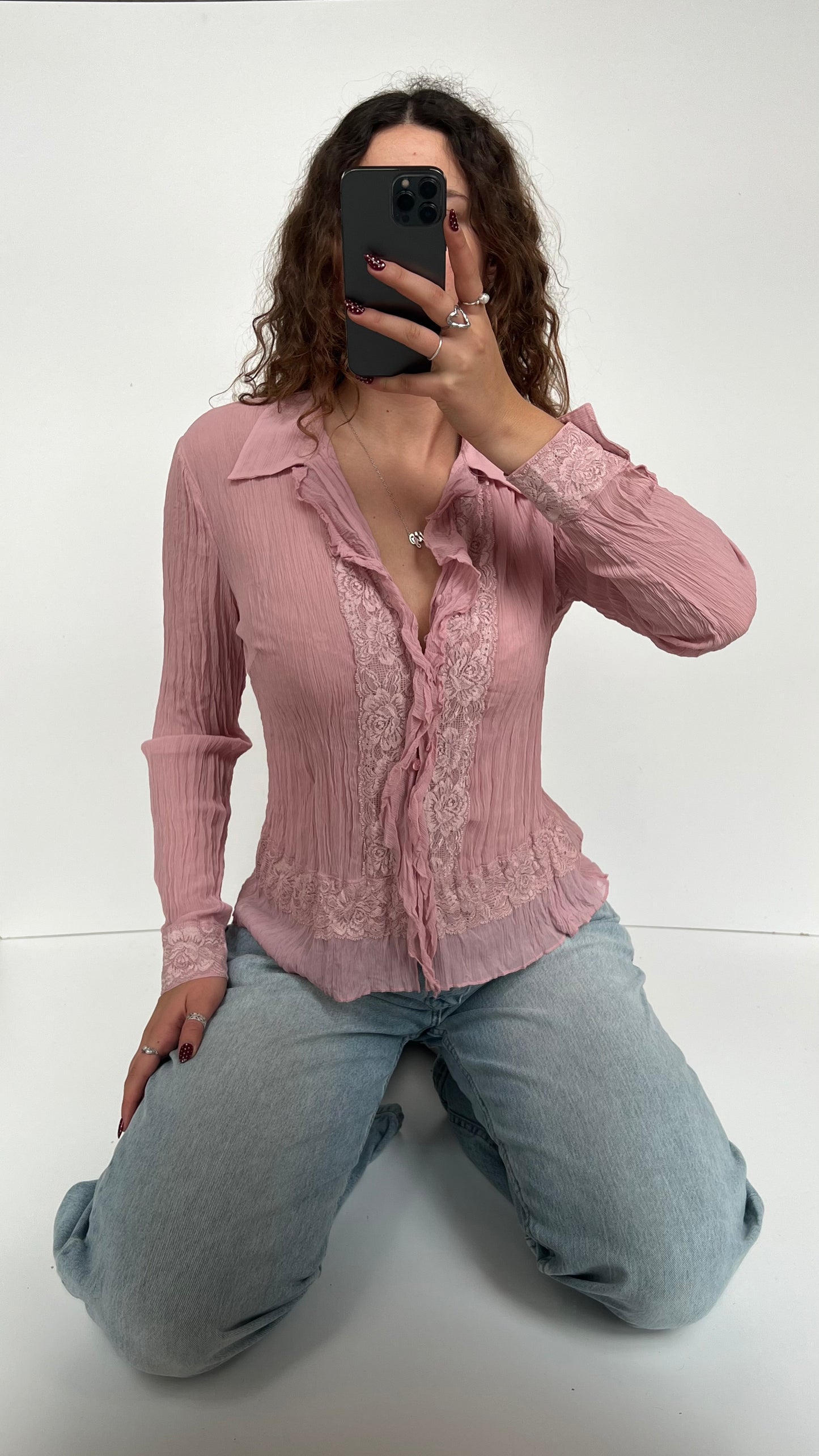 00s pink mesh lace shirt- size L