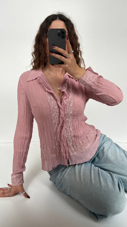 00s pink mesh lace shirt- size L