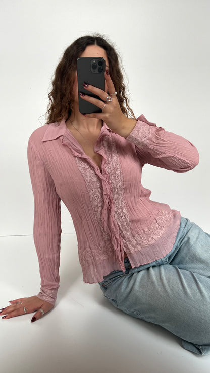 00s pink mesh lace shirt- size L