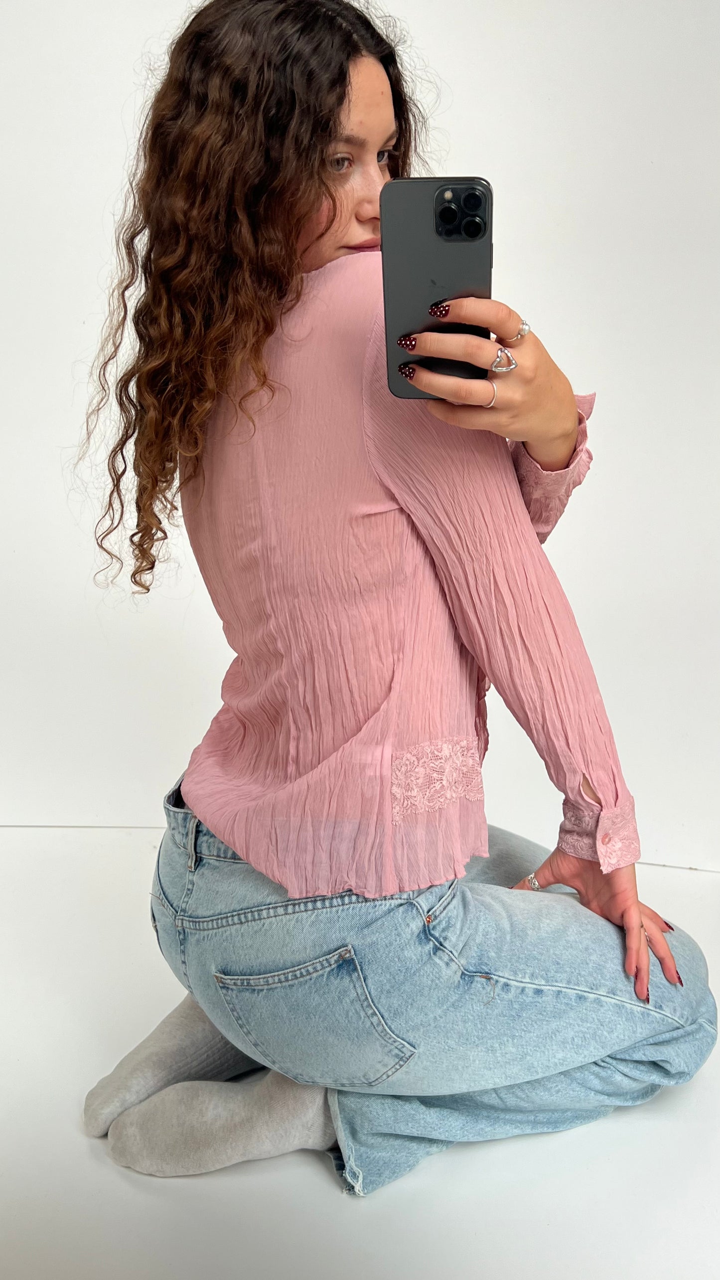 00s pink mesh lace shirt- size L