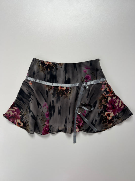 00s grey floral mini skirt- size S